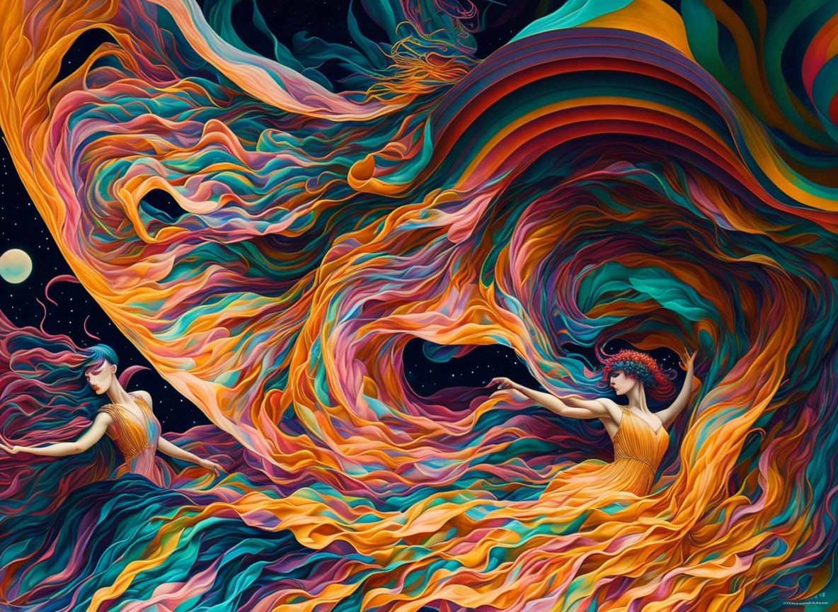 Stylized figures in vibrant colors reaching out in dreamlike space