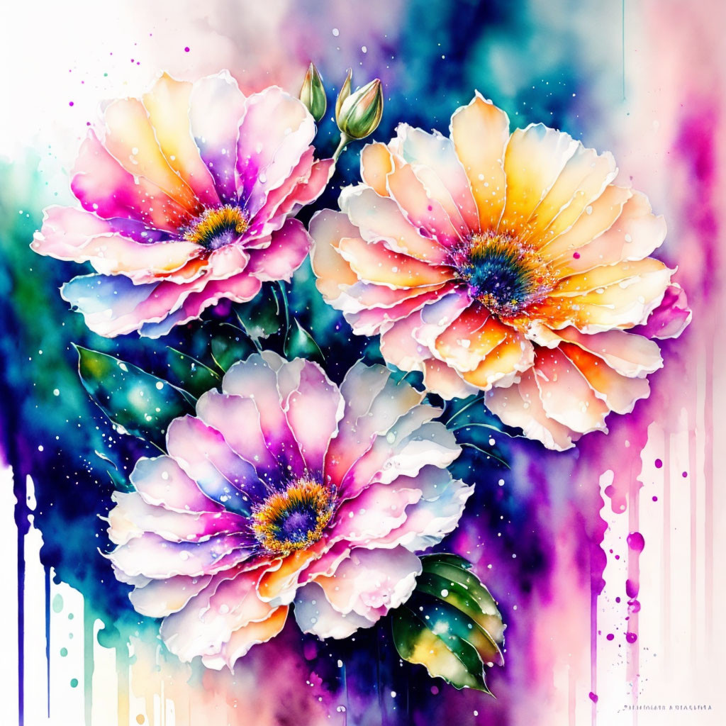 Colorful Watercolor Painting of Blooming Flowers on Purple Background