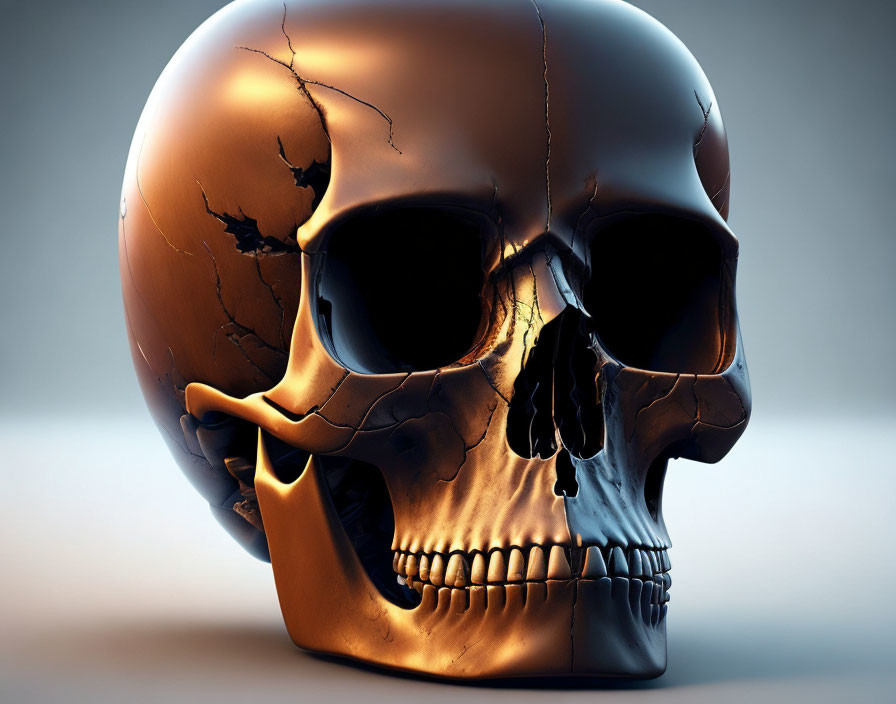 Cracked Golden Human Skull 3D Illustration on Grey Background