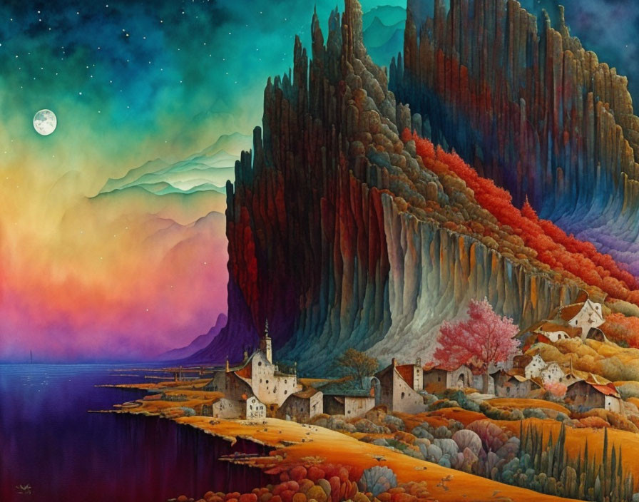 Colorful Painting of Fantastical Landscape with Rock Formations and Village by Water