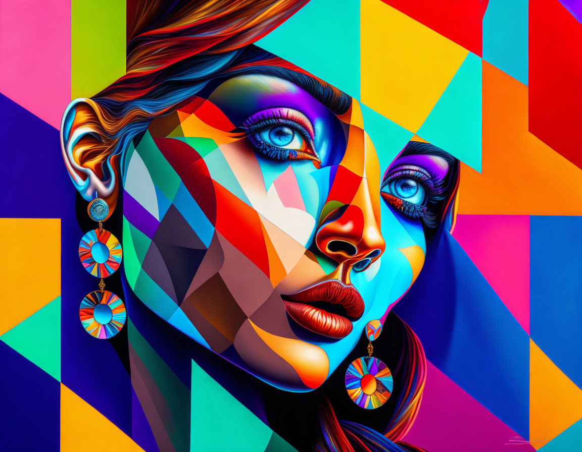 Colorful digital art of woman's face with geometric patterns and bold makeup