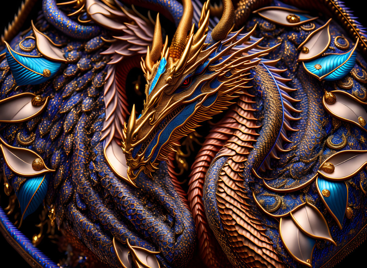 Detailed Golden and Blue Dragon with Intricate Scales and Feathers on Dark Background