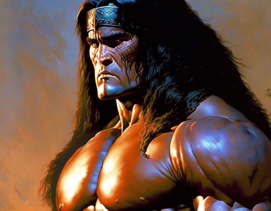 Muscular warrior with long black hair and tribal face paint gazing into the distance