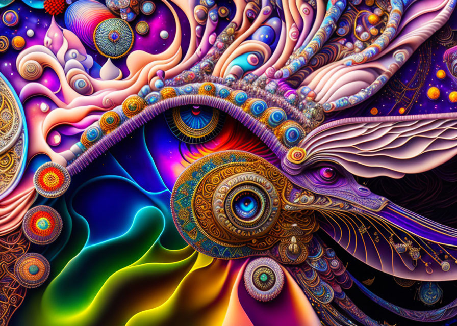 Colorful psychedelic artwork with intricate patterns and cosmic peacock design