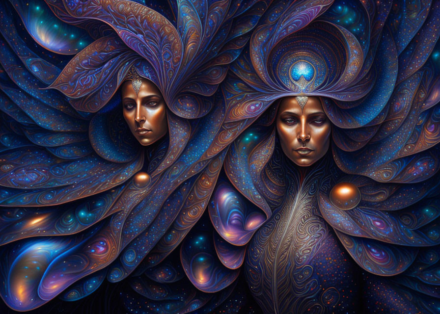 Ethereal faces in cosmic background with blue and purple patterns