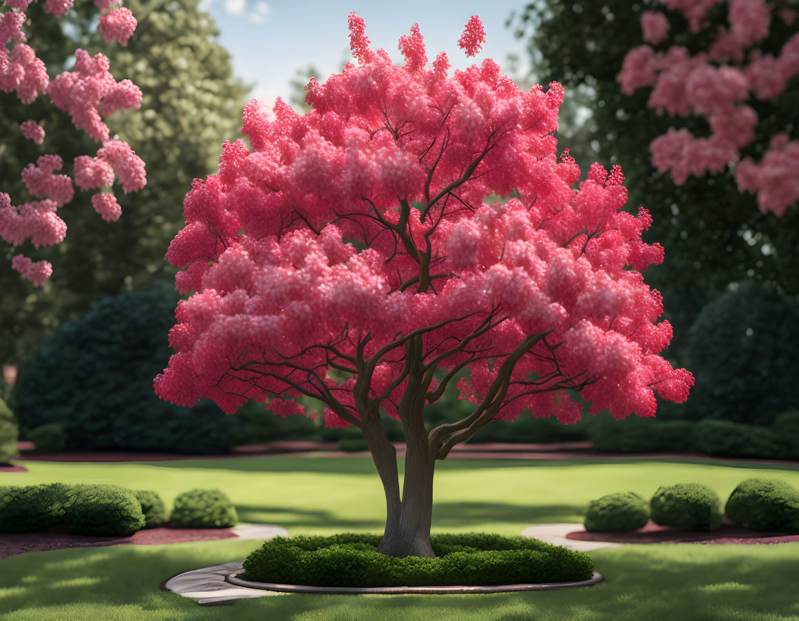 Vivid pink flowering tree in lush garden under sunny sky