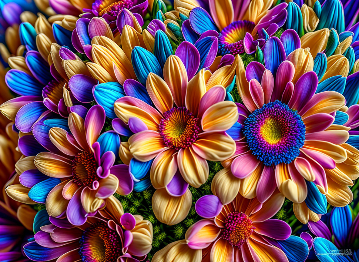 Colorful Close-Up of Purple, Blue, and Orange Daisy-Like Flowers