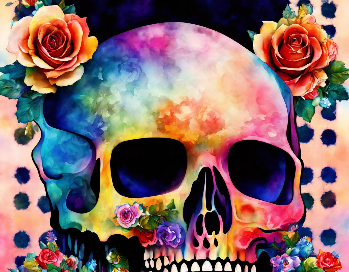 Colorful Skull Illustration with Tie-Dye Effect and Roses on Pink and Blue Background