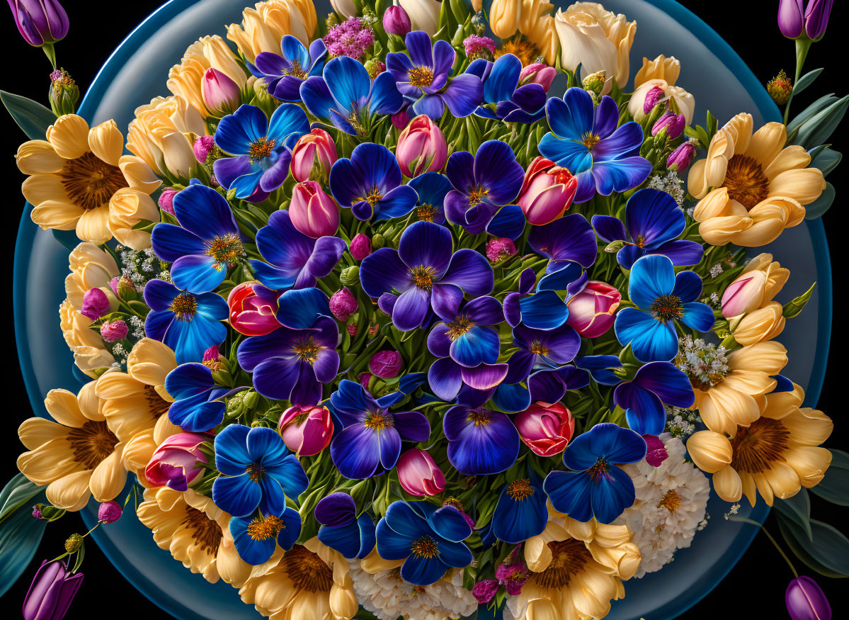 Colorful Flower Bouquet on Dark Plate: Yellow, Blue, Purple