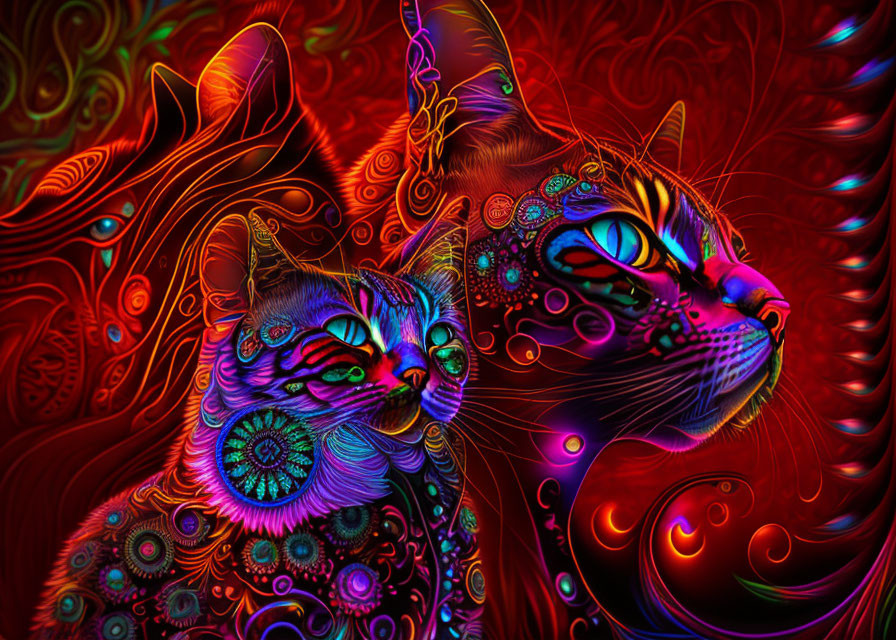 Vibrant Psychedelic Patterned Cats with Glowing Blue Eyes