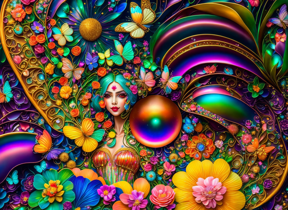 Colorful digital artwork: Woman in surreal floral pattern with iridescent sphere