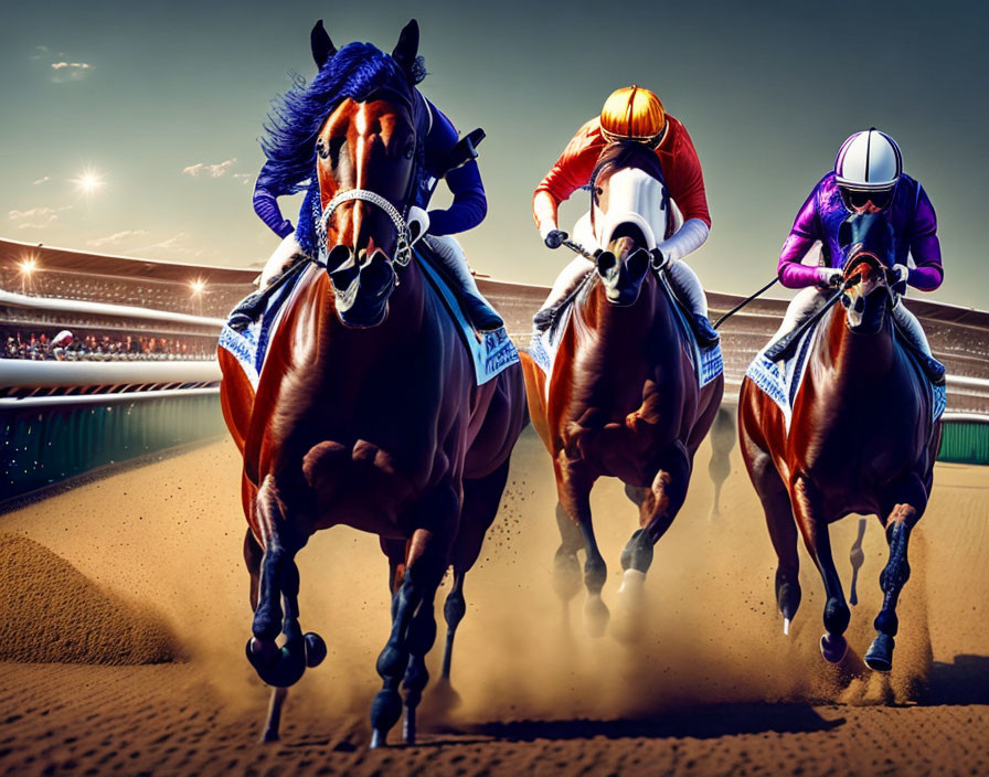 Vibrant racing silks: Three jockeys on thoroughbreds under stadium lights