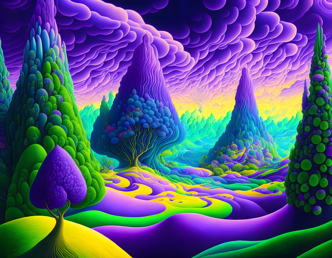 Colorful Psychedelic Landscape with Purple Hills, Green Trees, and Yellow River