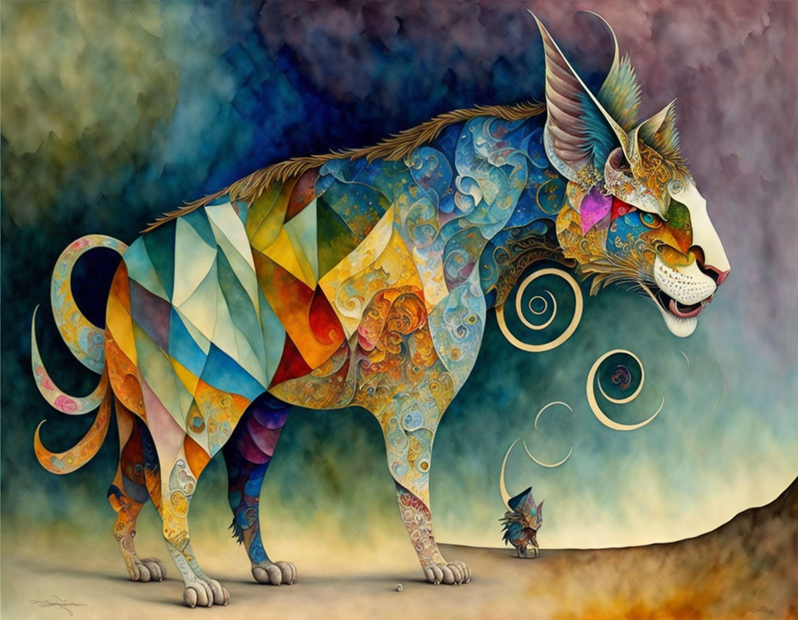 Colorful Mythical Feline Creature Artwork with Abstract Background