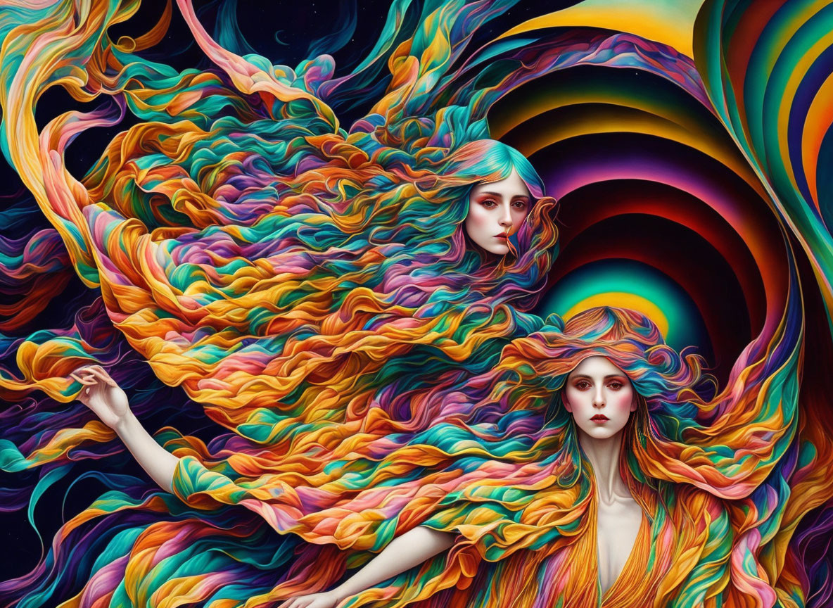 Vibrant illustration of two women with colorful flowing hair merging with abstract rainbow swirls