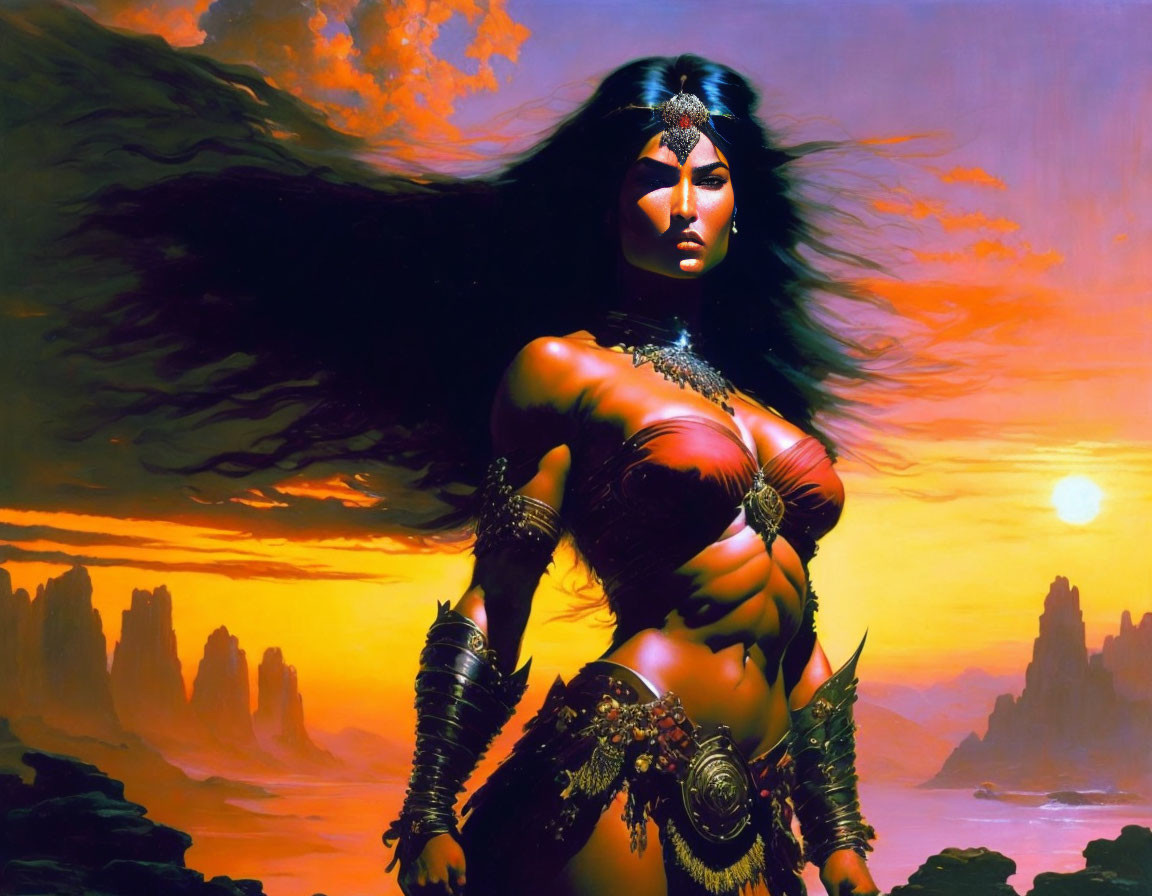 Fierce warrior woman in ornate armor against sunset sky