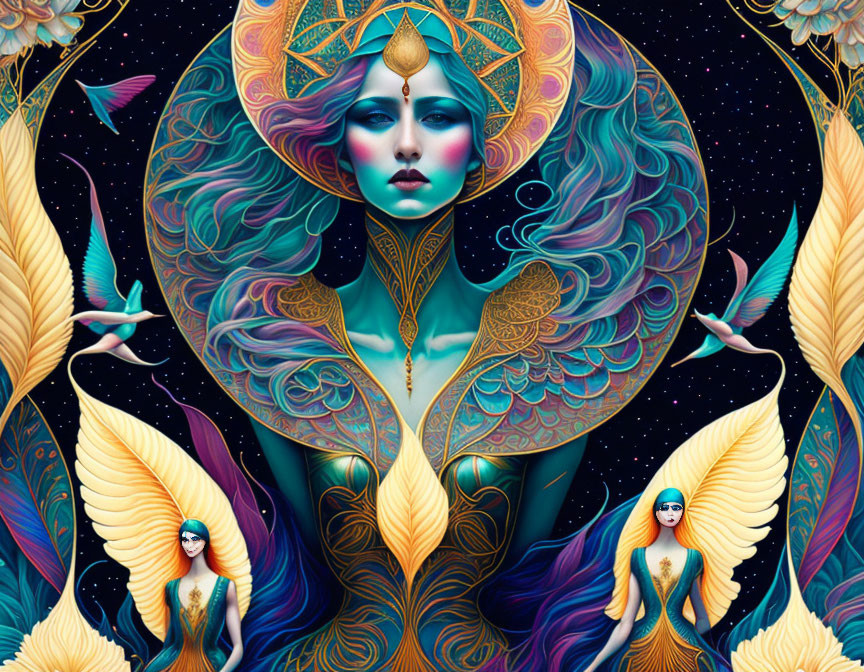 Colorful mystical artwork with central figure and birds