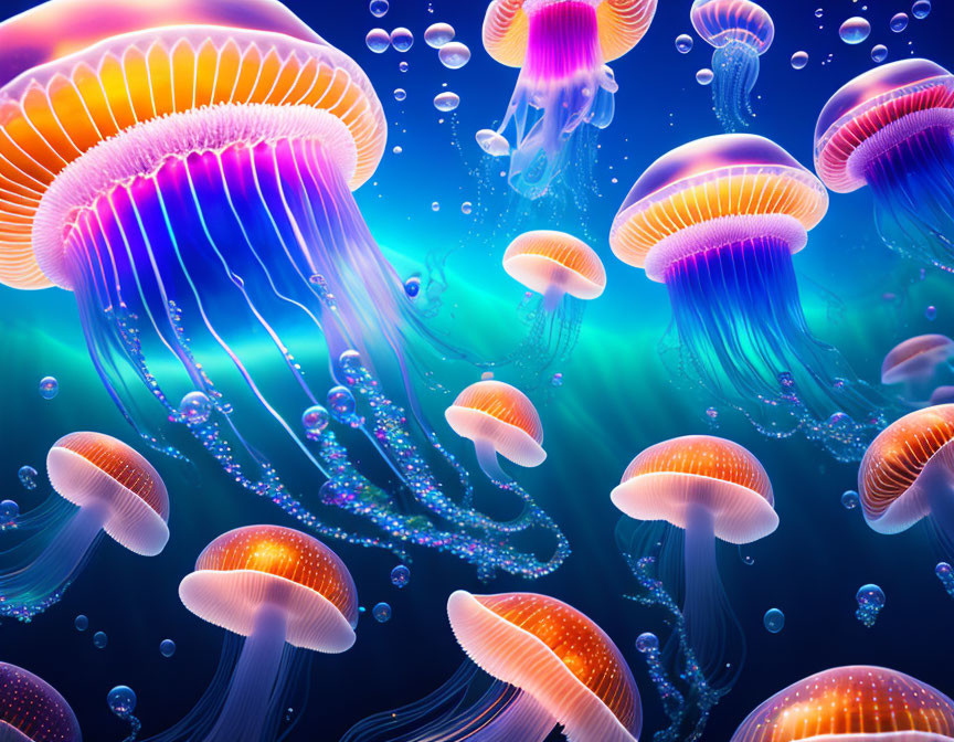 Glowing jellyfish in vibrant underwater scene