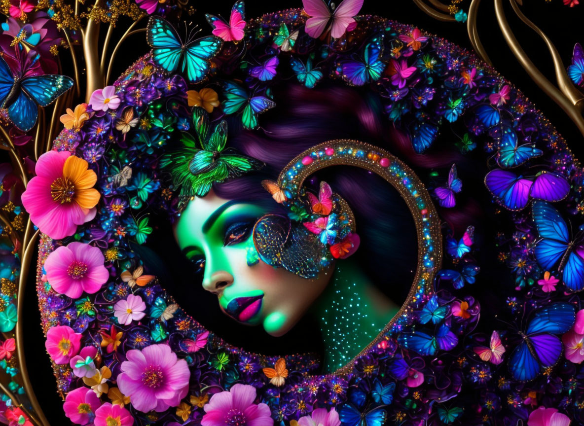 Colorful artwork featuring woman's face, butterflies, flowers, and crescent frame.