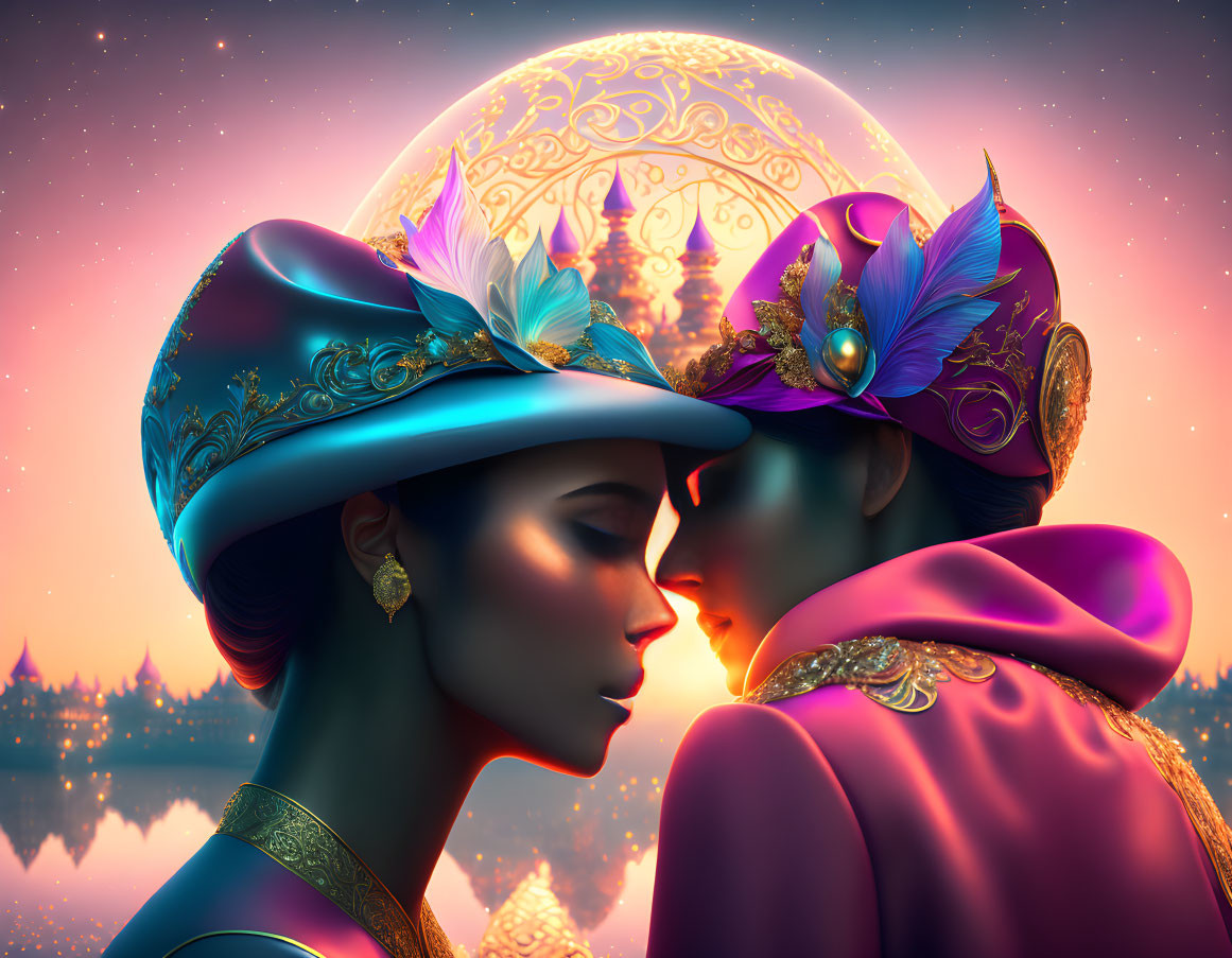 Masked individuals under moonlight touching foreheads near temple spires at twilight.