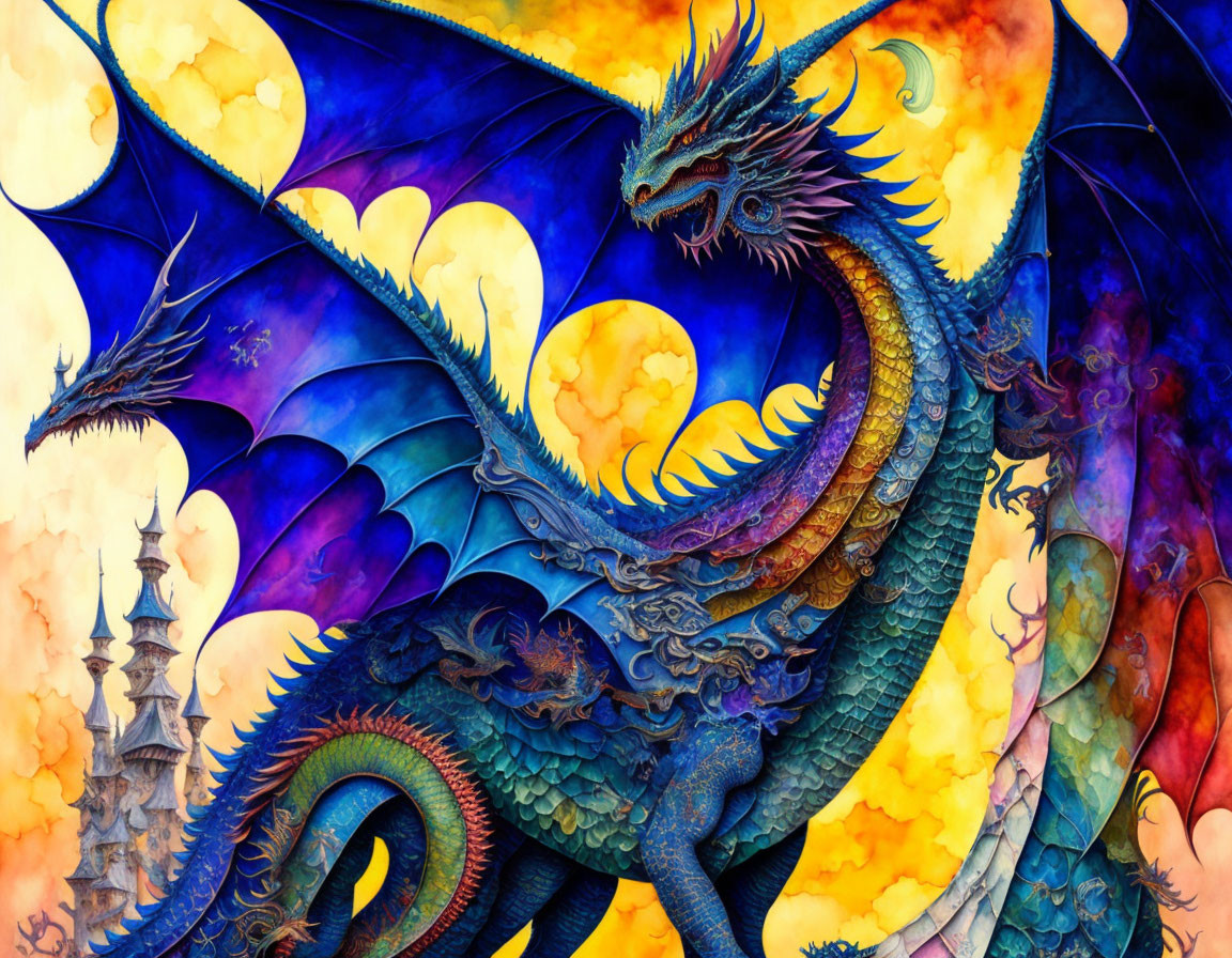 Majestic dragon illustration with colorful wings and intricate scales