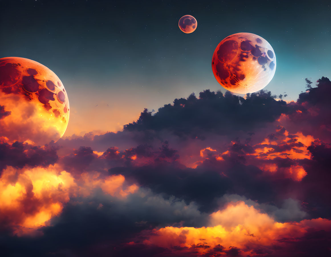 Vibrant sunset sky with three moons in surreal celestial scene