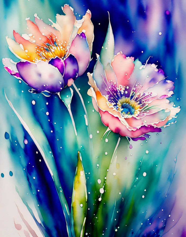 Colorful watercolor painting of stylized flowers with dewdrops on blurred background