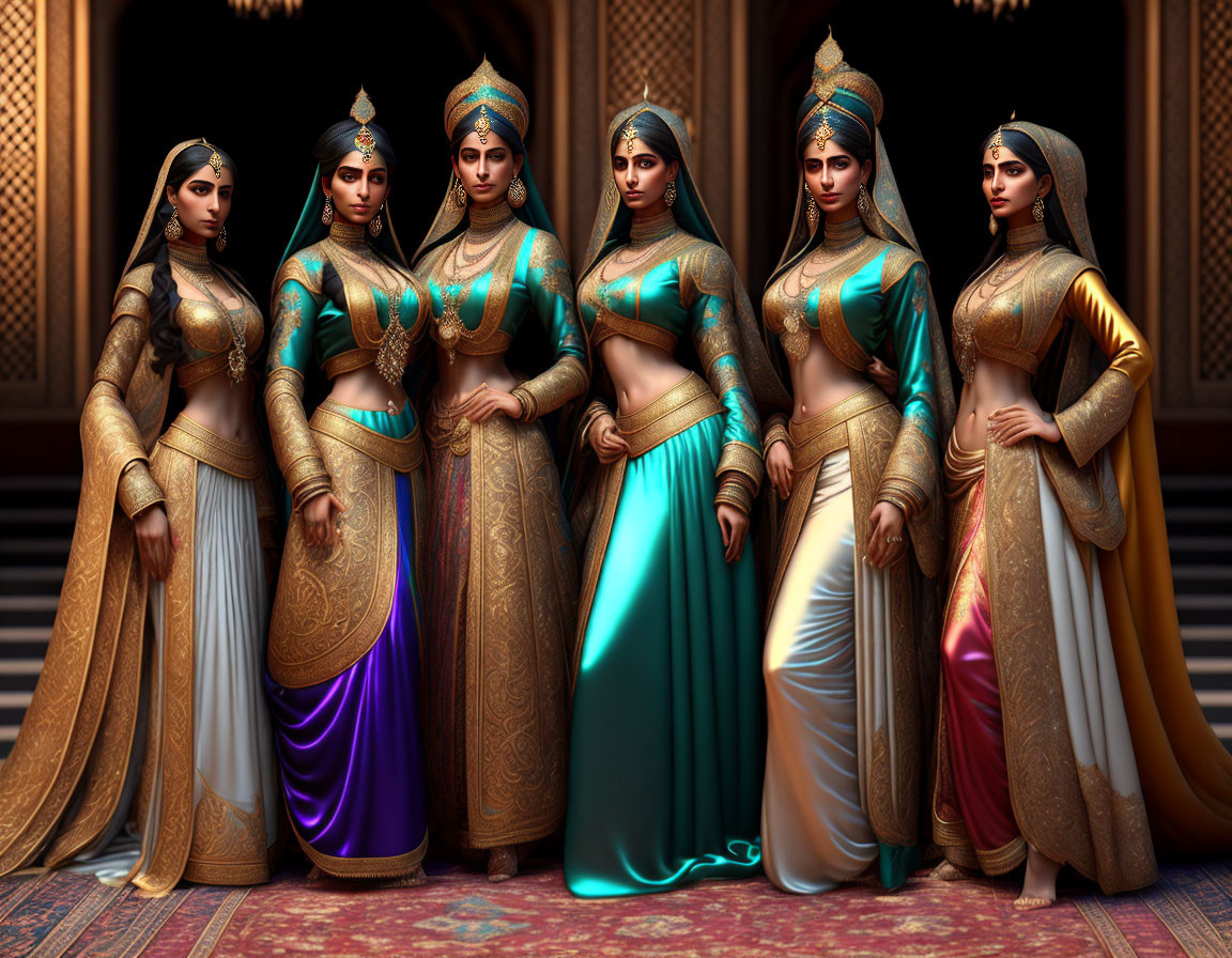 Six women in traditional Indian attire in grand heritage interior
