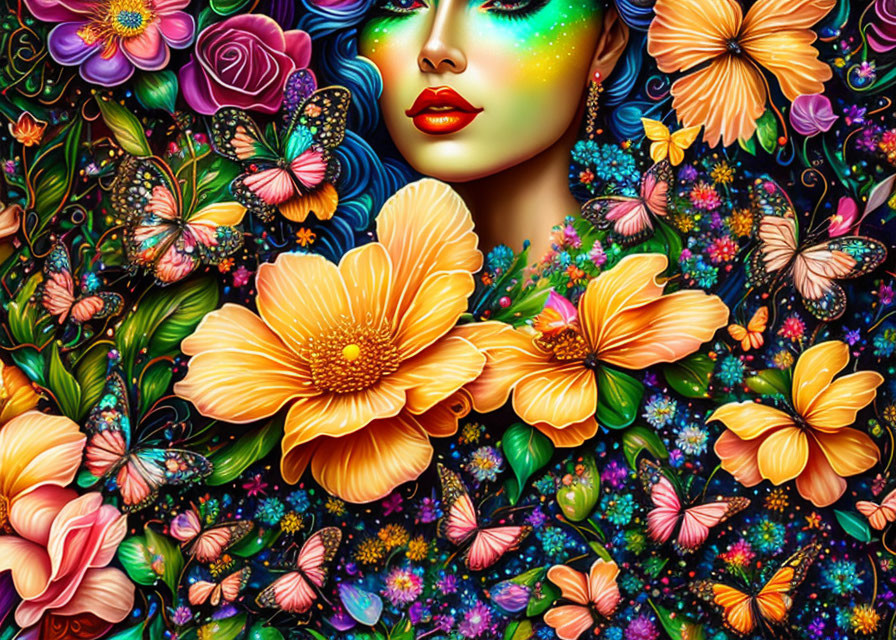 Vibrant woman with flowers and butterflies in whimsical illustration