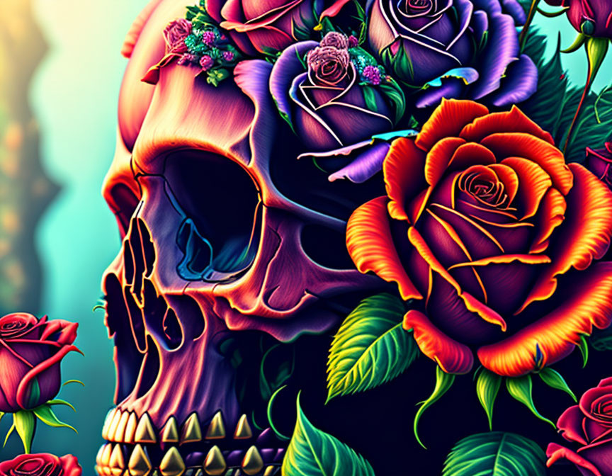 Vibrant human skull surrounded by colorful roses on teal background