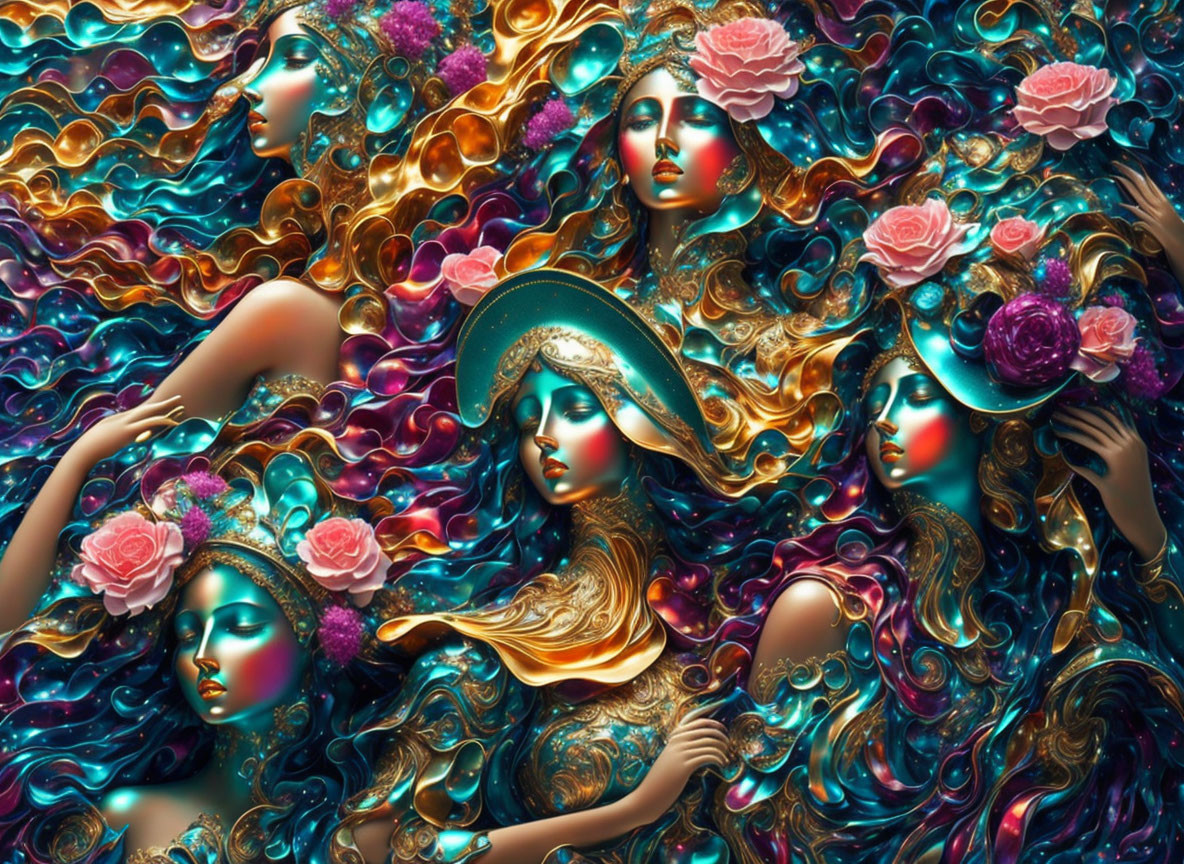 Surreal Artwork: Multiple Female Figures in Golden & Turquoise Tones, Adorned