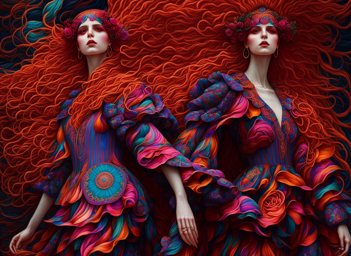 Two women with curly red hair in floral headpieces and colorful dresses on wavy background