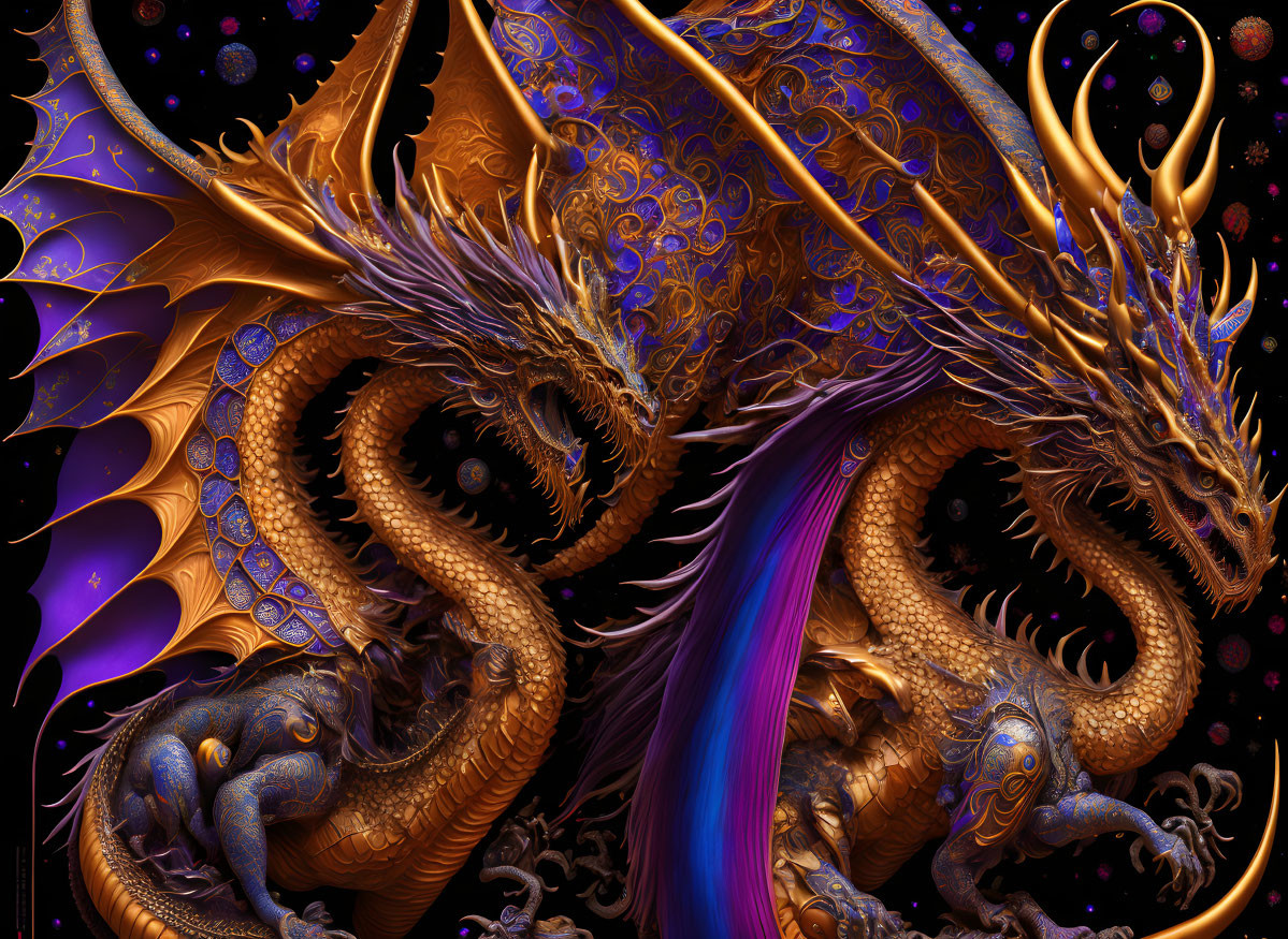 Mythical dragon digital artwork with golden wings