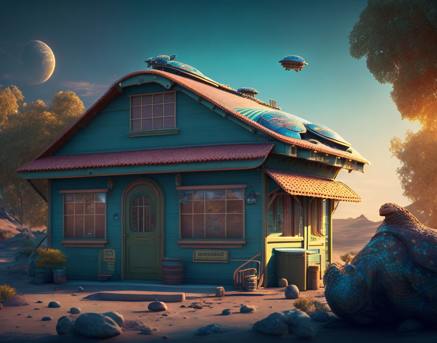 Blue house with green door in desert at sunset with snail, floating rocks, spaceships under moon