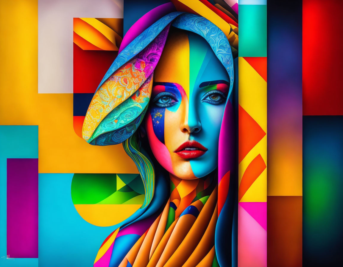 Colorful Abstract Digital Art of Woman with Geometric Background