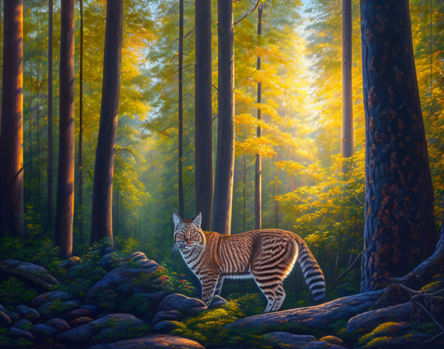 Bobcat in Sunlit Forest with Tall Trees and Colorful Foliage