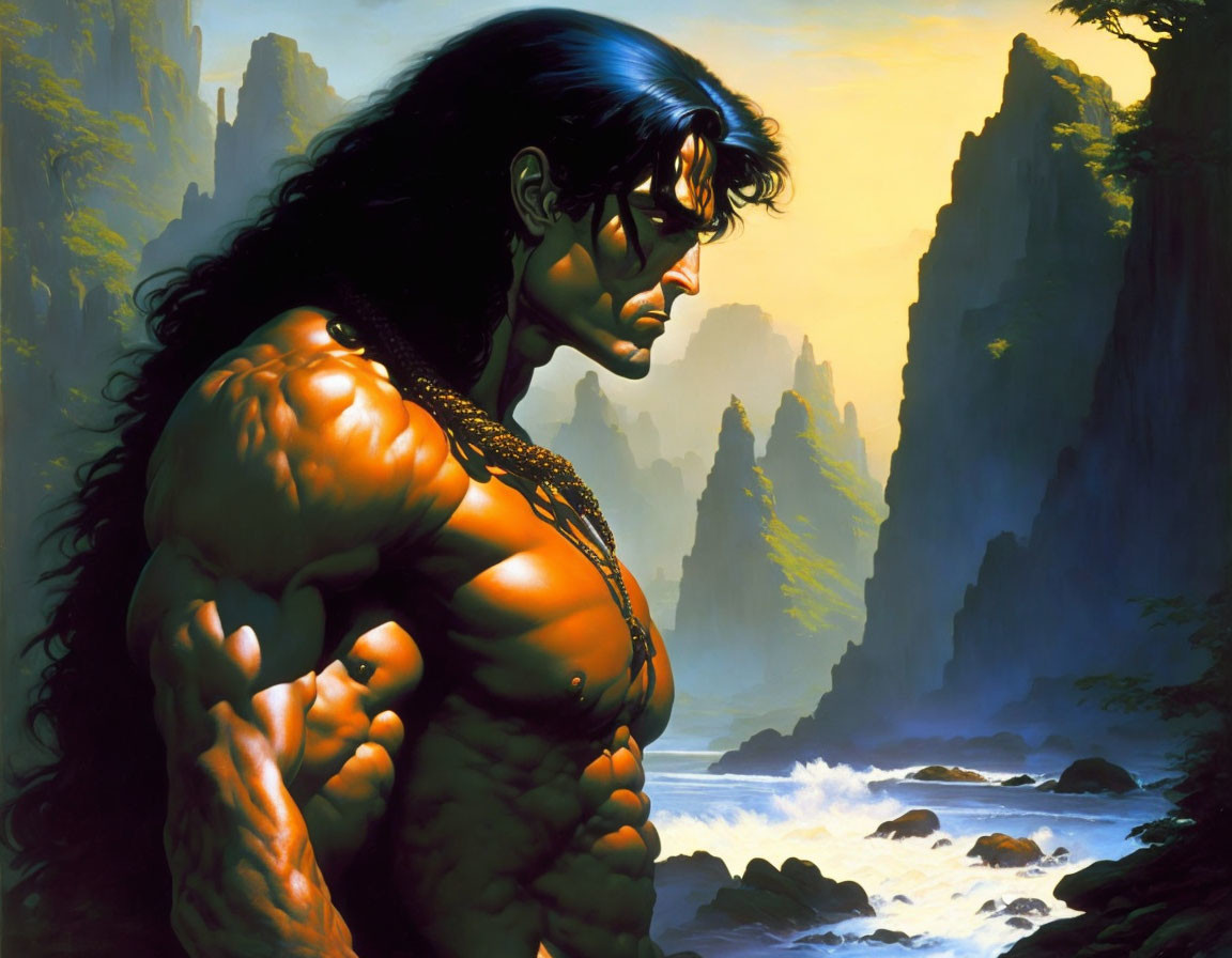 Muscular man with long black hair and glasses in natural landscape.