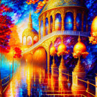 Colorful painting of a golden palace by water with autumn trees