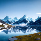 Snowy mountain peaks reflected in crystal-clear lake under blue sky.