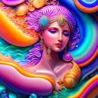 Colorful digital artwork of woman with intricate jewelry and headdress surrounded by swirling patterns