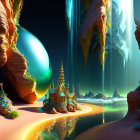 Golden castle, rock formations, waterfalls & glowing planet in fantasy landscape