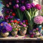 Detailed illustration of vibrant flowers and ornate vases on a dark background