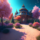 Fantasy garden with pink trees and blue-roofed gazebo