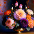 Colorful Assorted Flowers in Golden Vase on Dark Background