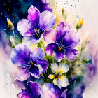 Colorful watercolor painting of purple and yellow pansies on speckled blue background