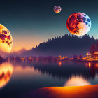 Vibrant sunset sky with three moons in surreal celestial scene