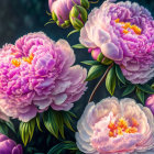 Vibrant pink peonies with golden centers on dark backdrop