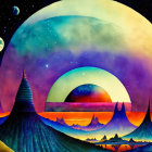 Colorful surreal landscape with towering spires and celestial bodies