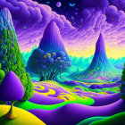 Colorful Psychedelic Landscape with Purple Hills, Green Trees, and Yellow River