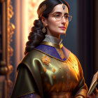 Regal woman in glasses with book in library setting